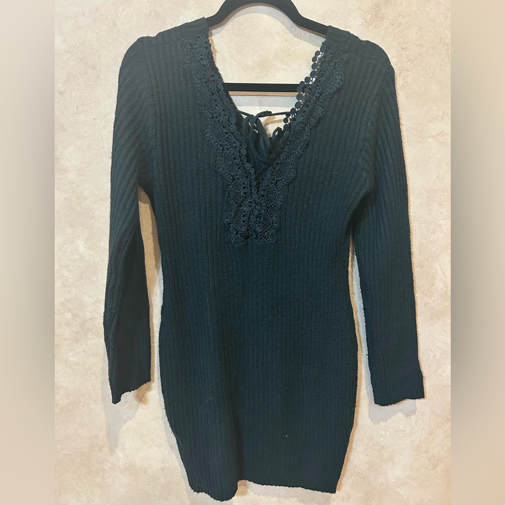 Green Ribbed Sweater dress Lace whimsigoth Y2K retro size small